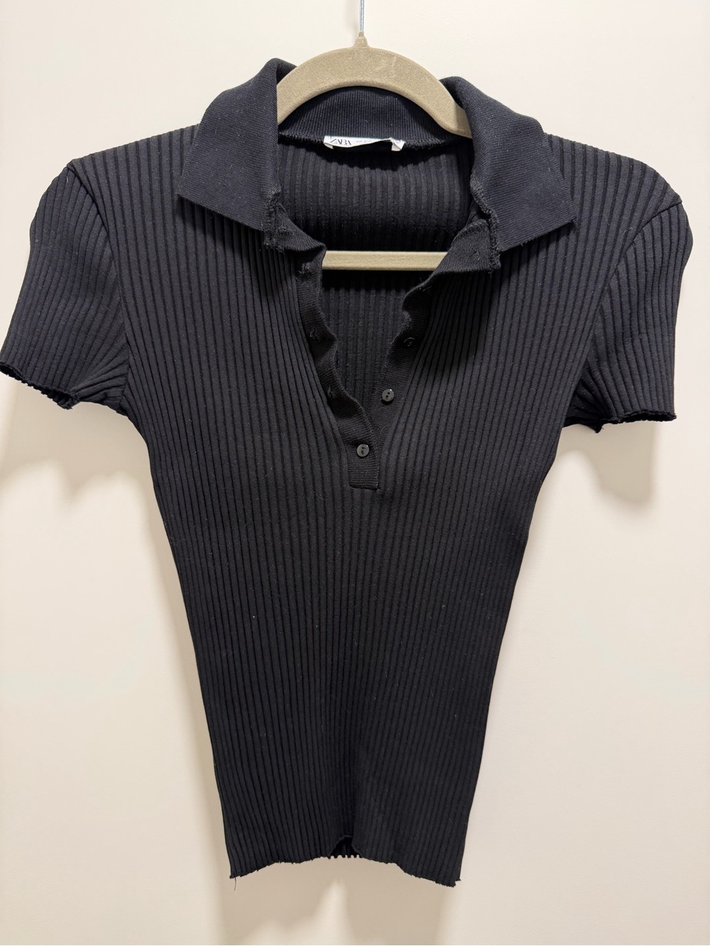 Zara Stretch Ribbed Knit Polo Top - Black Sz S
